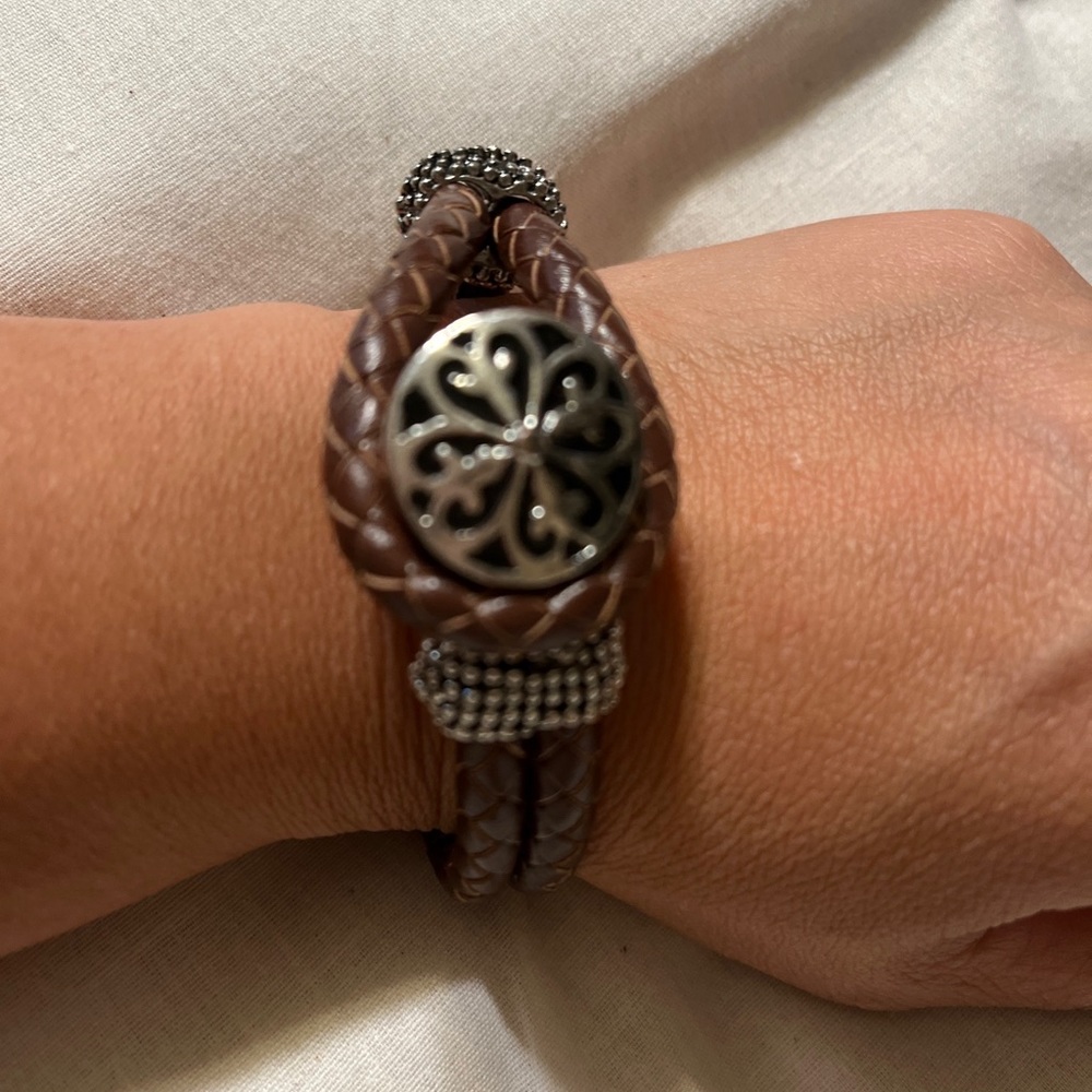 Braided Leather Bracelet Double Strand Stainless Steel Clasp